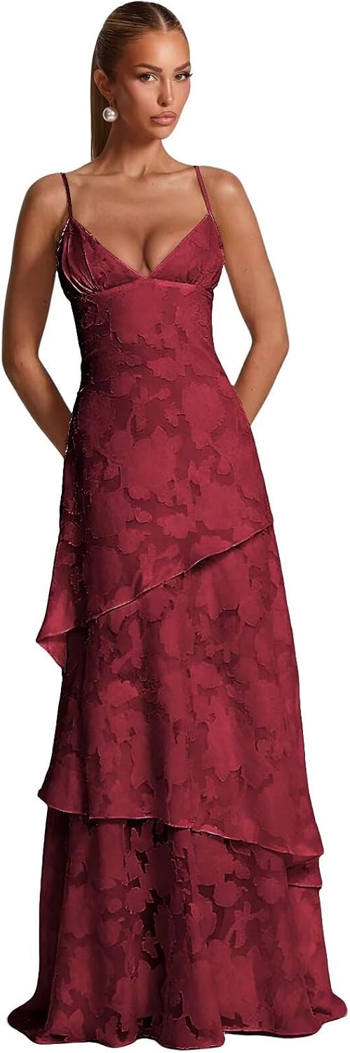 Spaghetti Strap Floral Bridesmaid Dresses for Women Tiered Ruffle A-Line Long Formal Prom Dress