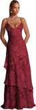 Spaghetti Strap Floral Bridesmaid Dresses for Women Tiered Ruffle A-Line Long Formal Prom Dress