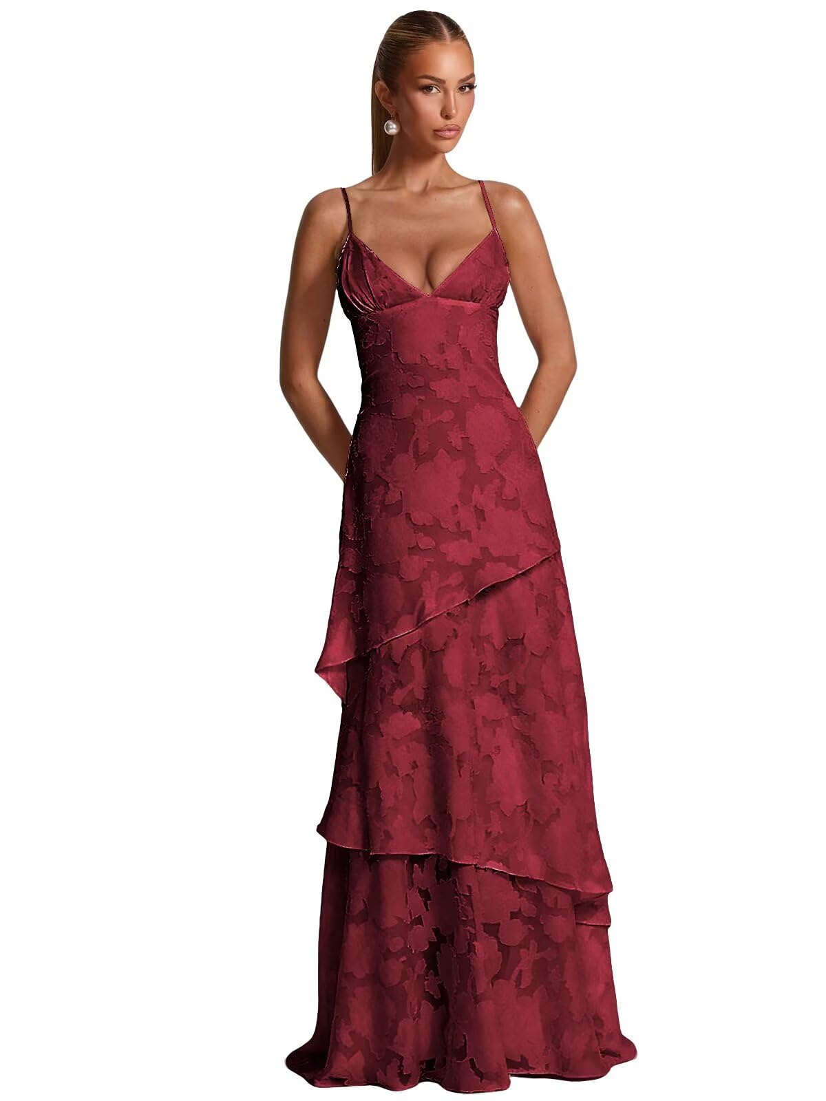 Spaghetti Strap Floral Bridesmaid Dresses for Women Tiered Ruffle A-Line Long Formal Prom Dress