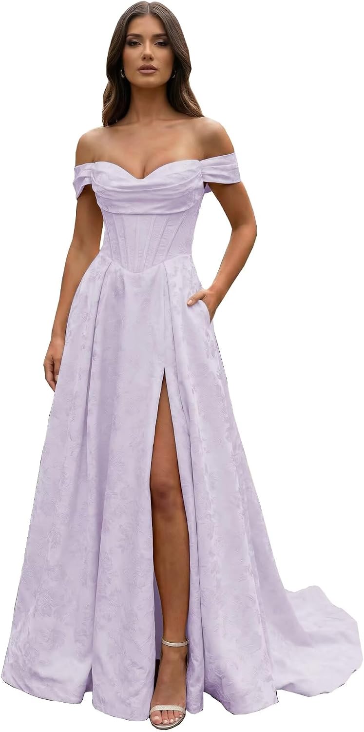 Jacquard Satin Prom Dresses Off the Shoulder Corset A Line Long Formal Gowns