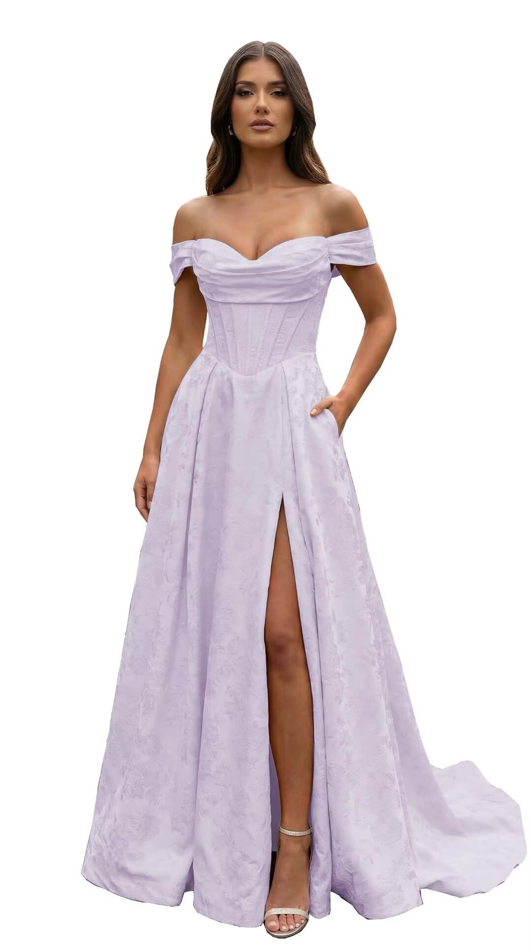 Jacquard Satin Prom Dresses Off the Shoulder Corset A Line Long Formal Gowns