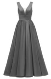 Glitter Satin Prom Dresses for Women Long V Neck A-Line Pleated Formal Evening Party Gowns with Pockets