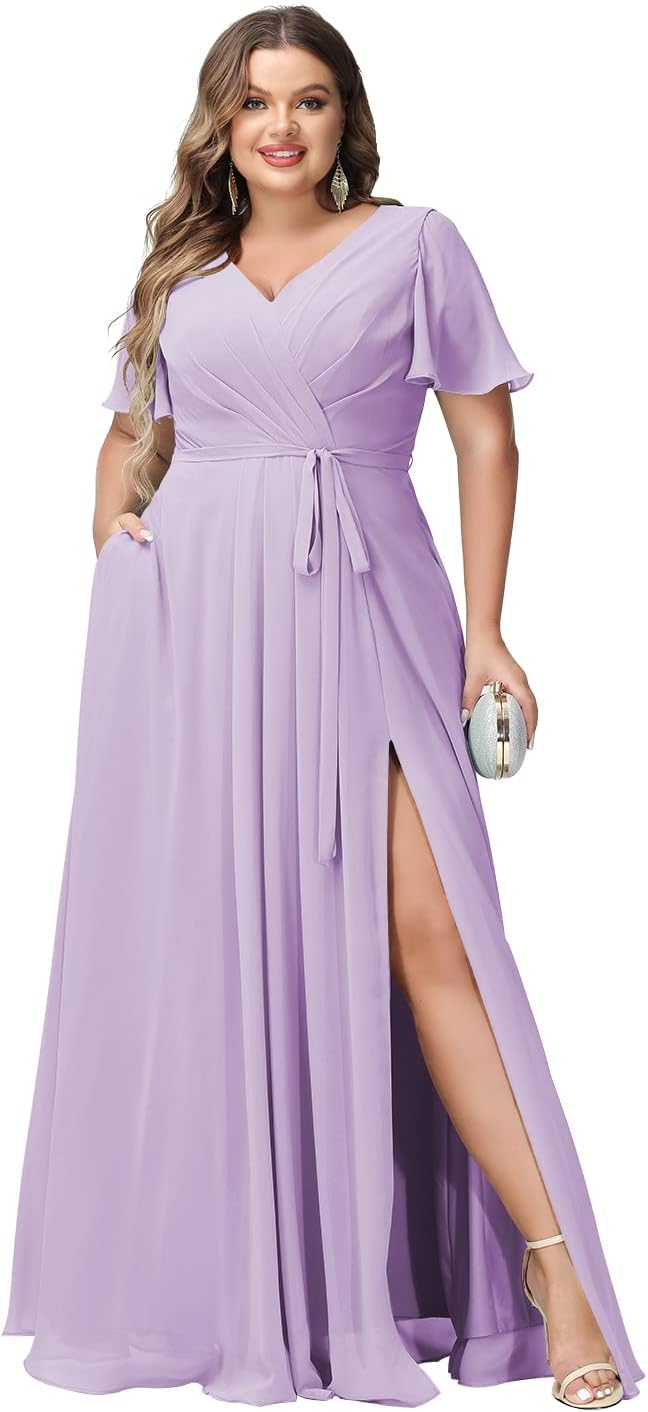 Plus Size Bridesmaid Dresses with Pockets V Neck Chiffon Flutter Sleeves Formal Evening Gowns with Slit