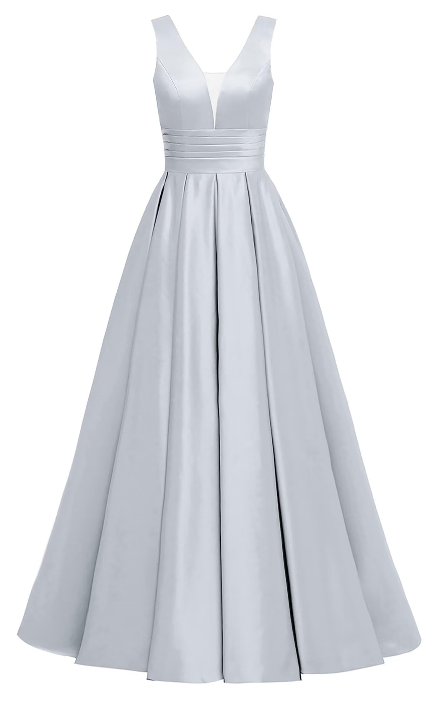 Glitter Satin Prom Dresses for Women Long V Neck A-Line Pleated Formal Evening Party Gowns with Pockets