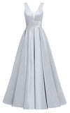 Glitter Satin Prom Dresses for Women Long V Neck A-Line Pleated Formal Evening Party Gowns with Pockets
