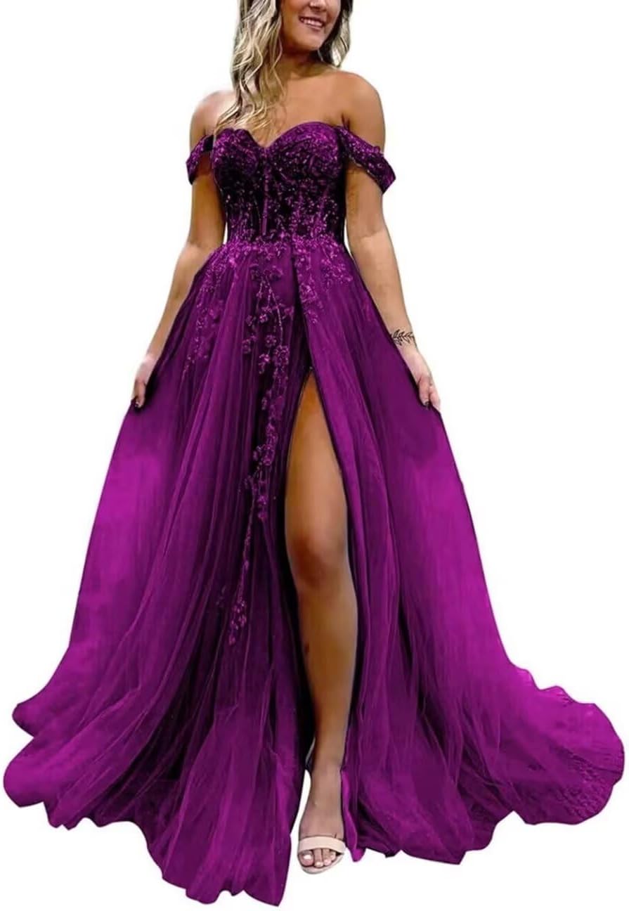 Off The Shoulder Tulle Prom Dress with Laces Applique A-line Slit Long Ball Gowns Glitter Formal Evening Dress