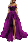 Off The Shoulder Tulle Prom Dress with Laces Applique A-line Slit Long Ball Gowns Glitter Formal Evening Dress