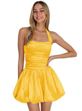 Satin Halter Homecoming Dresses for Teens Short Prom Dress 2027 Flower Bud Ruched Formal Cocktail Gown with Pockets