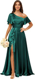 Short Sleeve Satin Bridesmaid Dresses for Women Ruffle One Shoulder Formal Evening Gowns with Slit