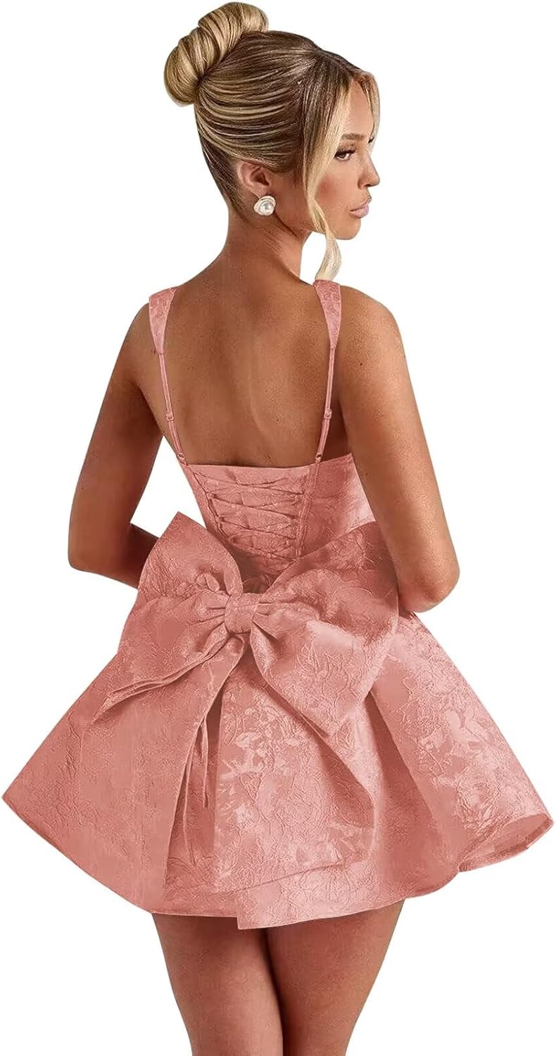 Satin Jacquard Homecoming Dress with Bow Short A-Line Mini Prom Cocktail Party Gown