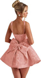 Satin Jacquard Homecoming Dress with Bow Short A-Line Mini Prom Cocktail Party Gown