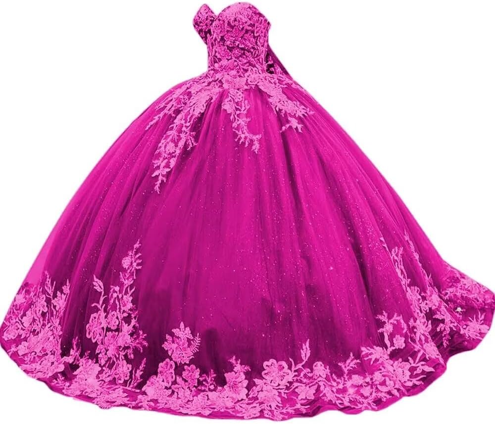 Sparkly Tulle Sweet 15 16 Quinceanera Dress Lace 3D Floral Ball Gown Strapless Puffy Prom Formal Gown
