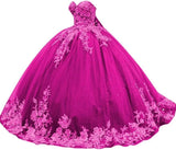 Sparkly Tulle Sweet 15 16 Quinceanera Dress Lace 3D Floral Ball Gown Strapless Puffy Prom Formal Gown