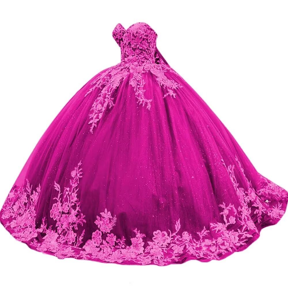 Sparkly Tulle Sweet 15 16 Quinceanera Dress Lace 3D Floral Ball Gown Strapless Puffy Prom Formal Gown