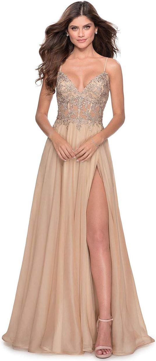 Women's Lace Appliqued Chiffon Prom Dresses Long with Slit Spaghetti Straps V Neck Formal Party Gowns
