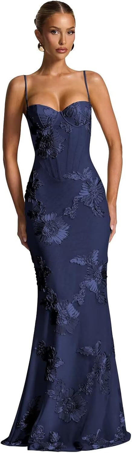Spaghetti Straps Mermaid Prom Dress 2026 Floral Embroidery Long Corset Formal Evening Gowns