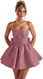 Strapless Satin Homecoming Dresses for Teens 2027 Jacquard A-line Short Prom Cocktail Gowns with Bow