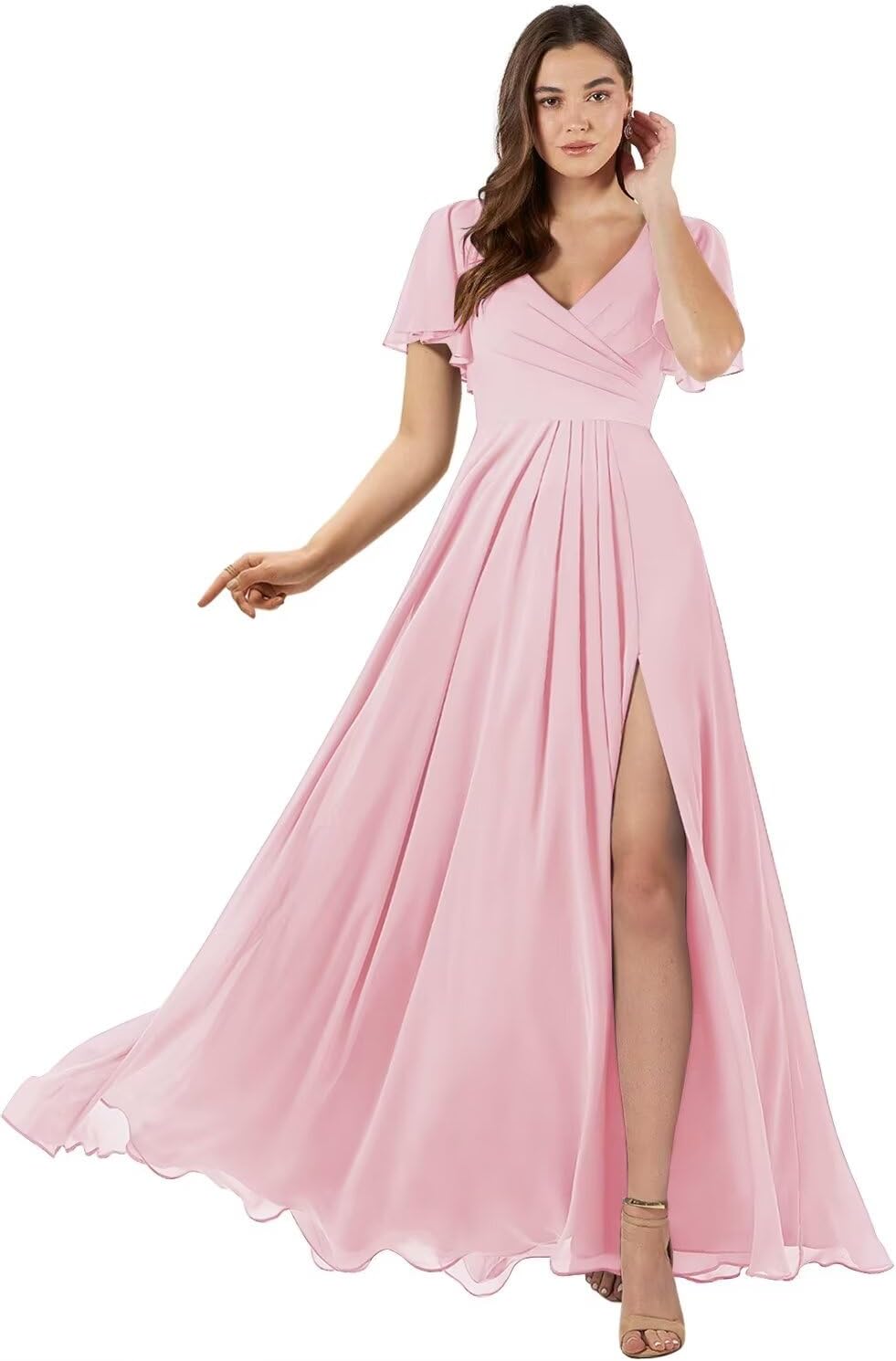 Damen Brautjungfernkleider mit Flatterärmeln, lang, mit Schlitz, V-Ausschnitt, Chiffon, formelle Kleider 