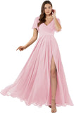 Damen Brautjungfernkleider mit Flatterärmeln, lang, mit Schlitz, V-Ausschnitt, Chiffon, formelle Kleider 