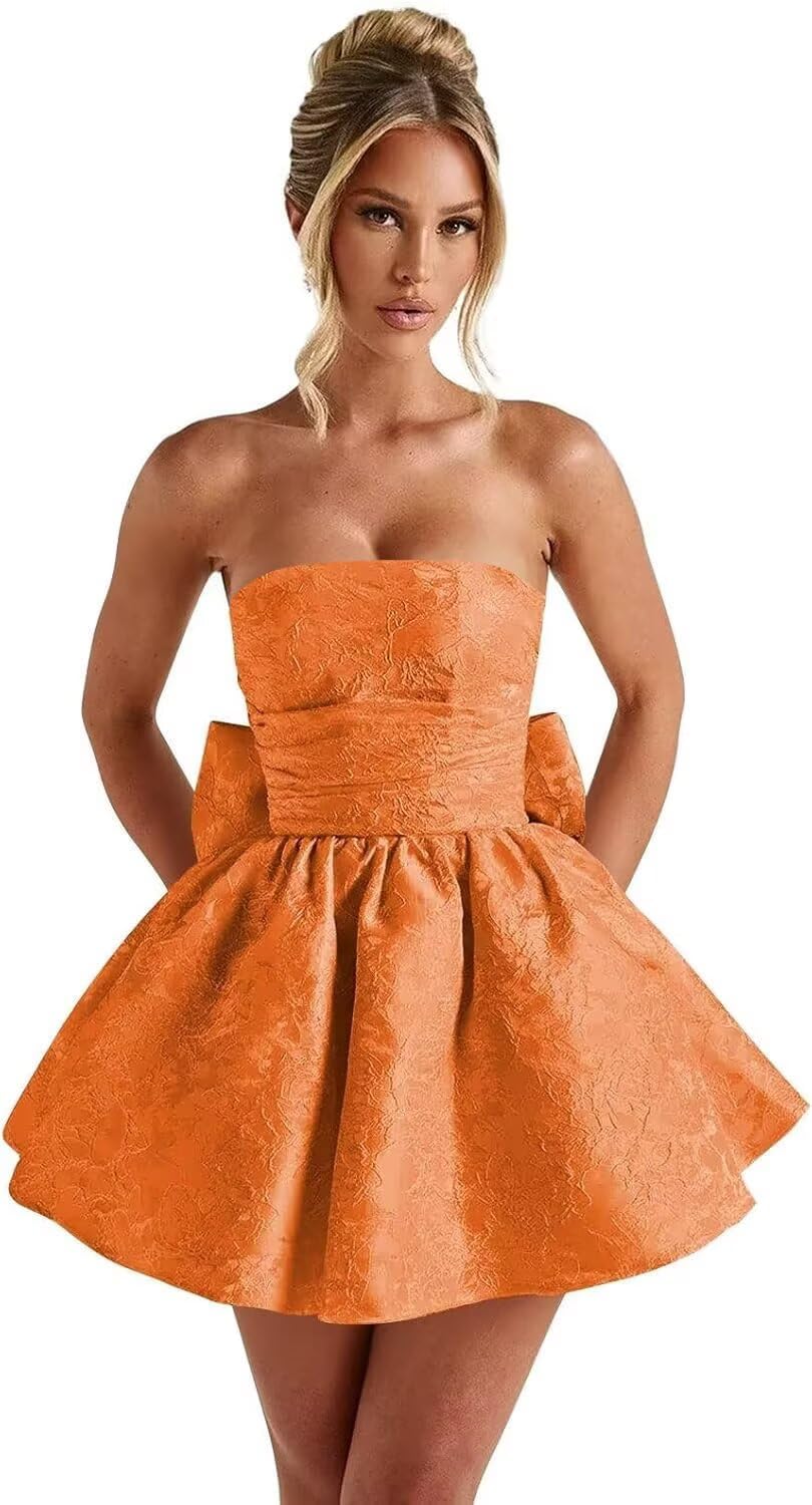 Strapless Satin Homecoming Dresses for Teens 2027 Jacquard A-line Short Prom Cocktail Gowns with Bow