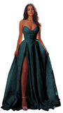 Jacquard Satin Prom Dresses with Slit Strapless Corset A Line Long Formal Gowns