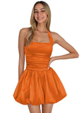Satin Halter Homecoming Dresses for Teens Short Prom Dress 2027 Flower Bud Ruched Formal Cocktail Gown with Pockets