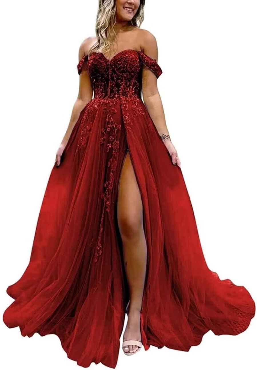 Off The Shoulder Tulle Prom Dress with Laces Applique A-line Slit Long Ball Gowns Glitter Formal Evening Dress