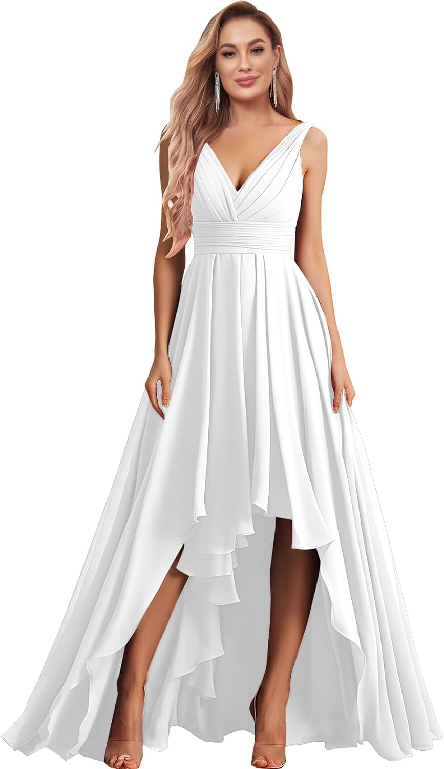 Vestidos de dama de honor con escote en V para mujer, para boda, con bolsillos, de gasa fruncida, largos, formales, para fiesta de graduación y noche.