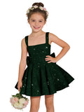 Sparkly Sequin Teen Flower Girl Dresses for Wedding Short Spaghetti Straps Cute Birthday Party Dress with Bow