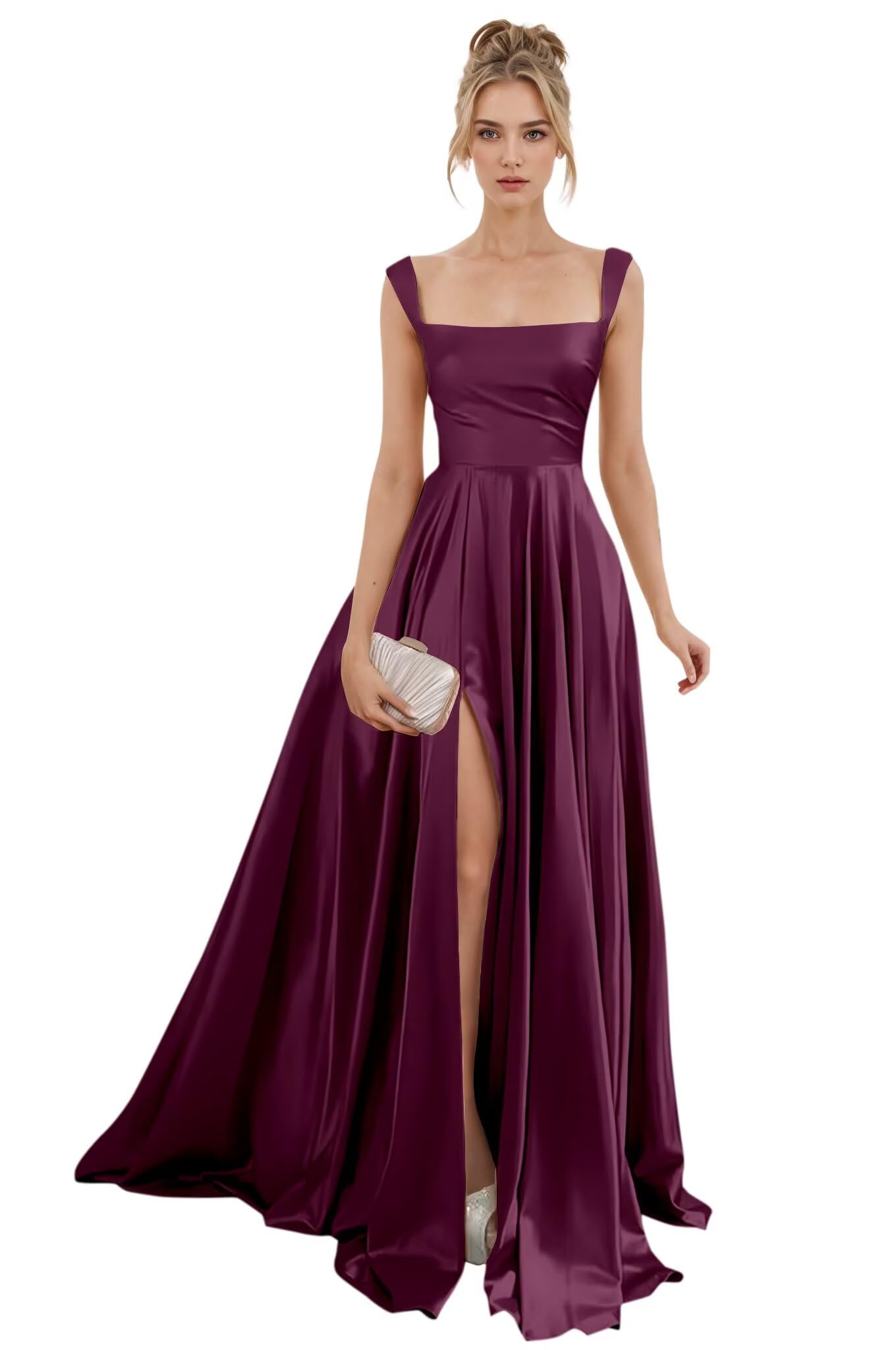 Spaghetti Straps Satin Bridesmaid Dresses for Women Long A-Line Square Neck Formal Evening Party Gown with Slit