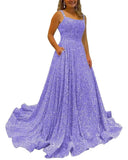 Kingbridal Gowns Spaghetti Straps Prom Dresses Long for Women 2026 A Line Sequin Satin Formal Evening Party Ball Gowns with Slit