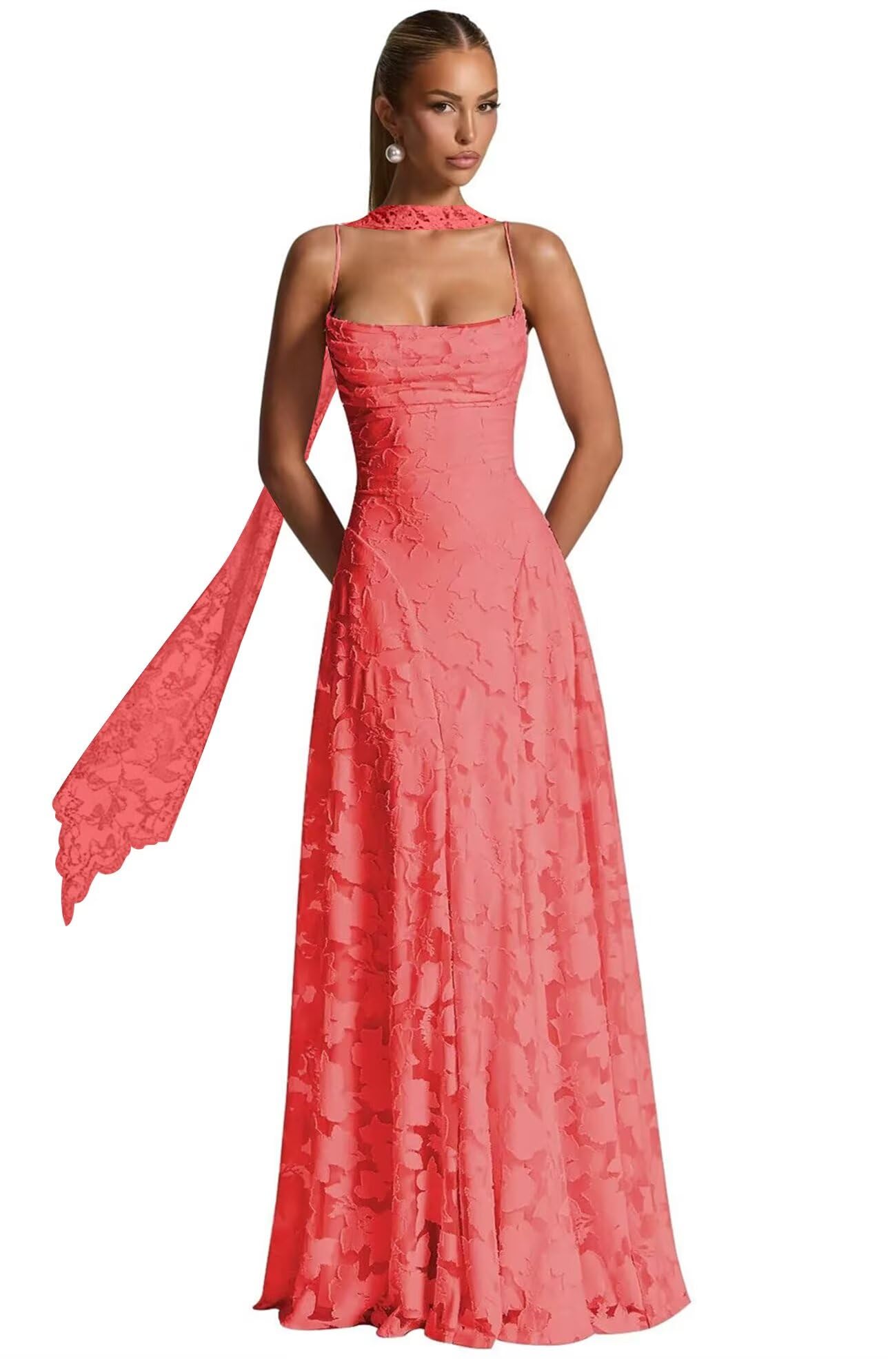 Floral Lace Bridesmaid Dresses for Women Long Spaghetti Straps Formal Evening Gowns with Scarf