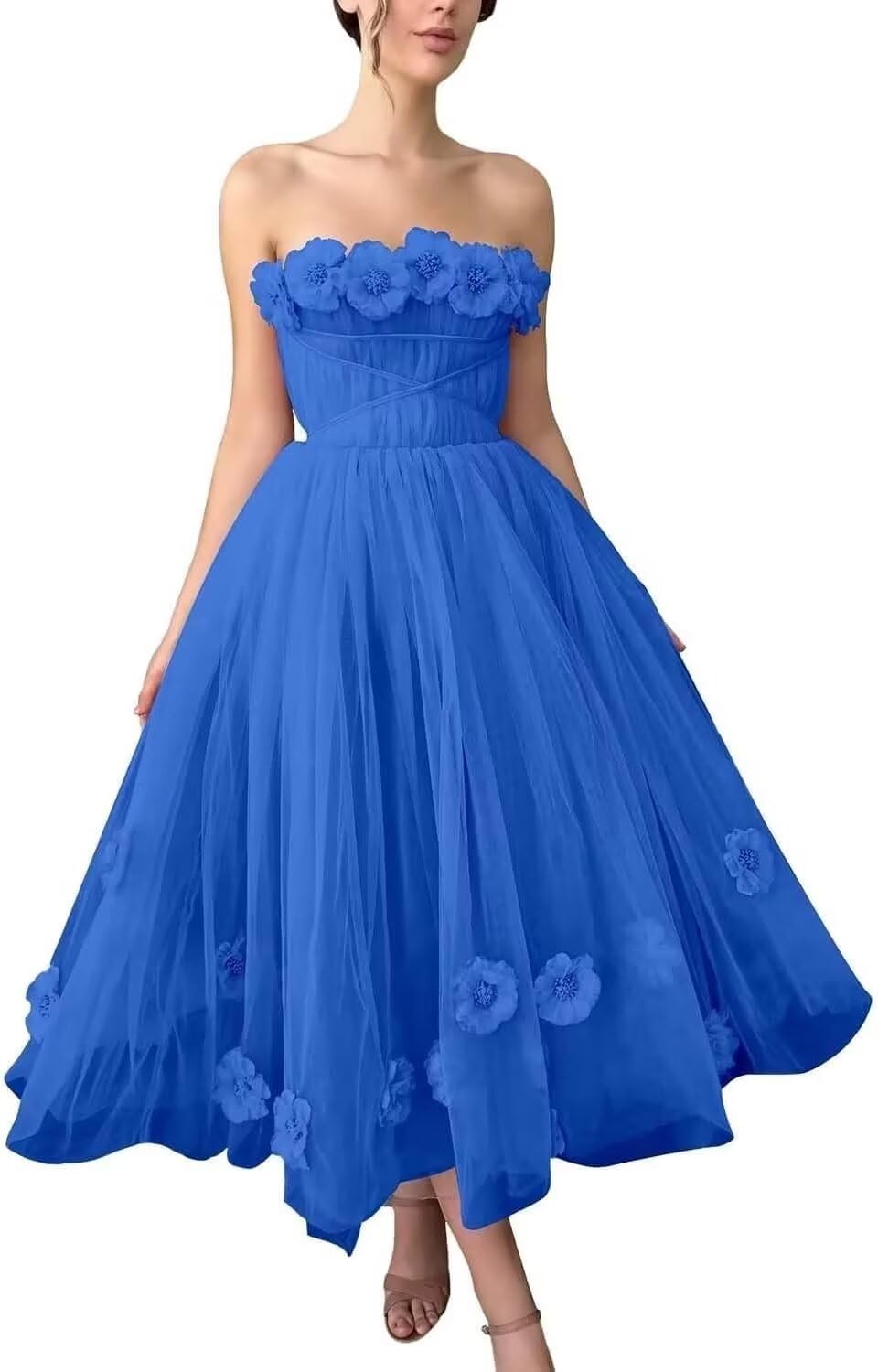 Women's 3D Flower Off Shoulder Tea Length Whimsical Prom Dress, A Line Strapless Tulle Formal Evening Party Gown