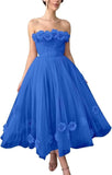 Women's 3D Flower Off Shoulder Tea Length Whimsical Prom Dress, A Line Strapless Tulle Formal Evening Party Gown