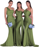 Women's One Shoulder Mermaid Bridesmaid Dresses Long Ruched Bodycon Satin Formal Prom Gowns