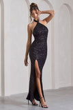 Sequin Mermaid Prom Dresses for Women Long Sparkly Halter-Neck Tight Backless Formal Evening Party Gowns with Slit