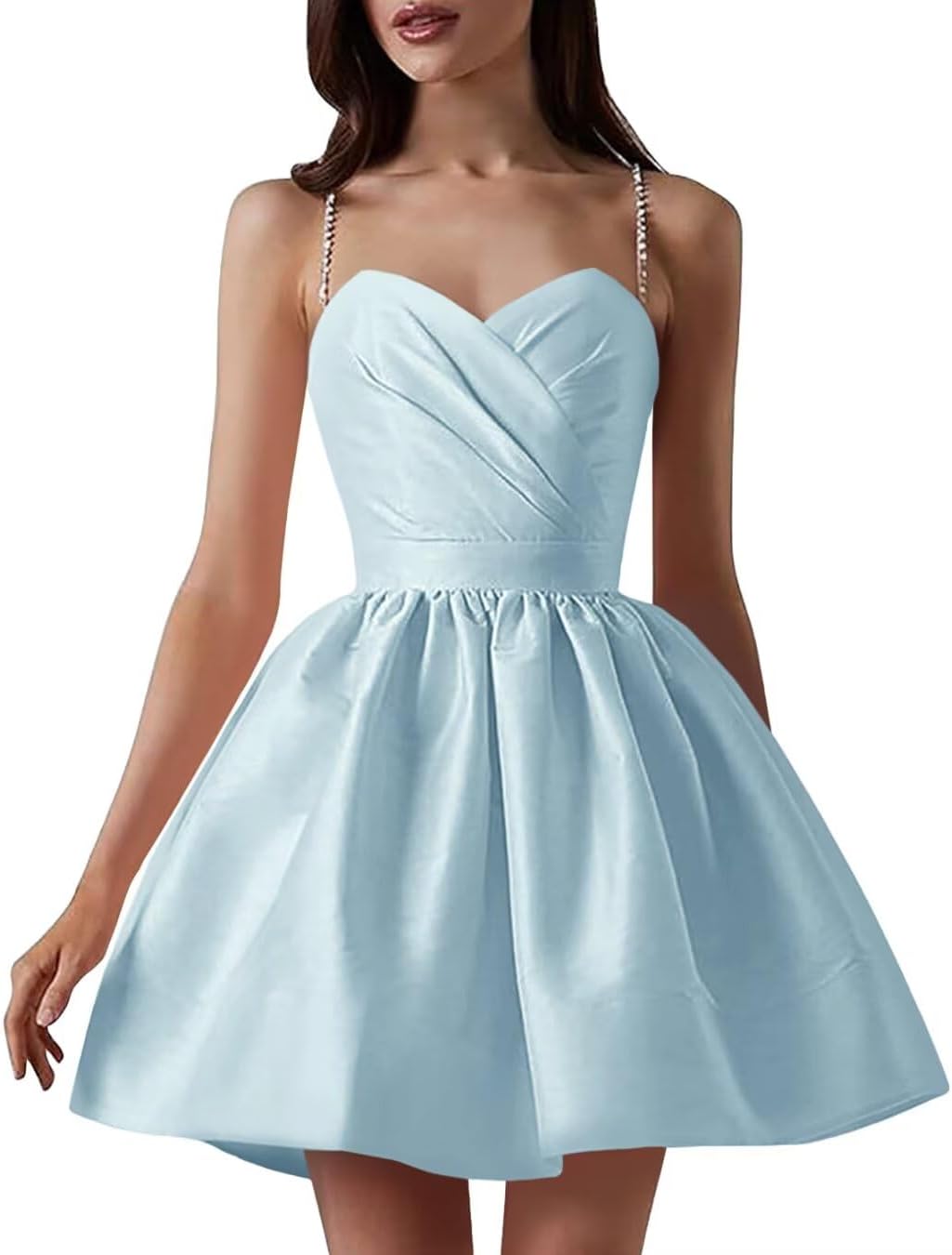 Satin Homecoming Dresses for Teens Spaghetti Straps Short Prom Dress A-Line Cocktail Wedding Guest Dress