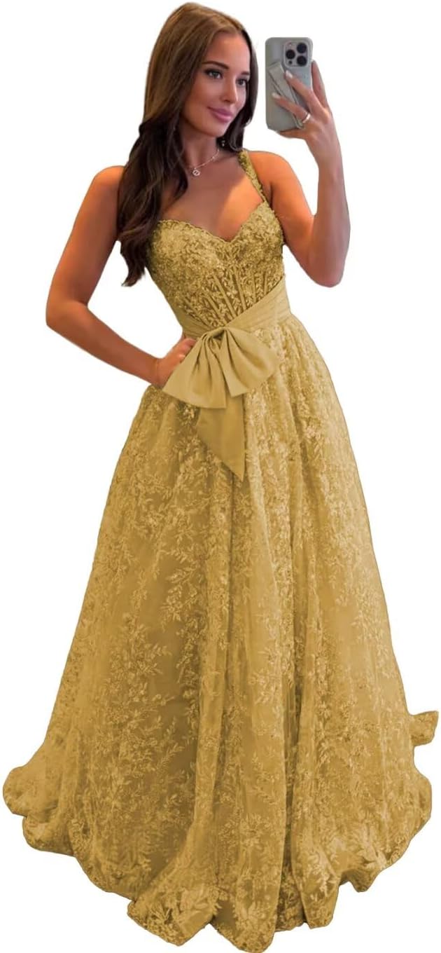 Lace Tulle Prom Dresses with Bow Appliques Corset A Line Long Formal Dress