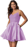 Vestidos cortos de fiesta con tirantes finos para jóvenes, con encaje, escote en V y bolsillos.
