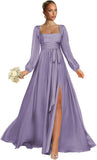 Satin Bridesmaid Dresses with Slit Long Sleeve Square Neck A Line Maxi Formal Dress