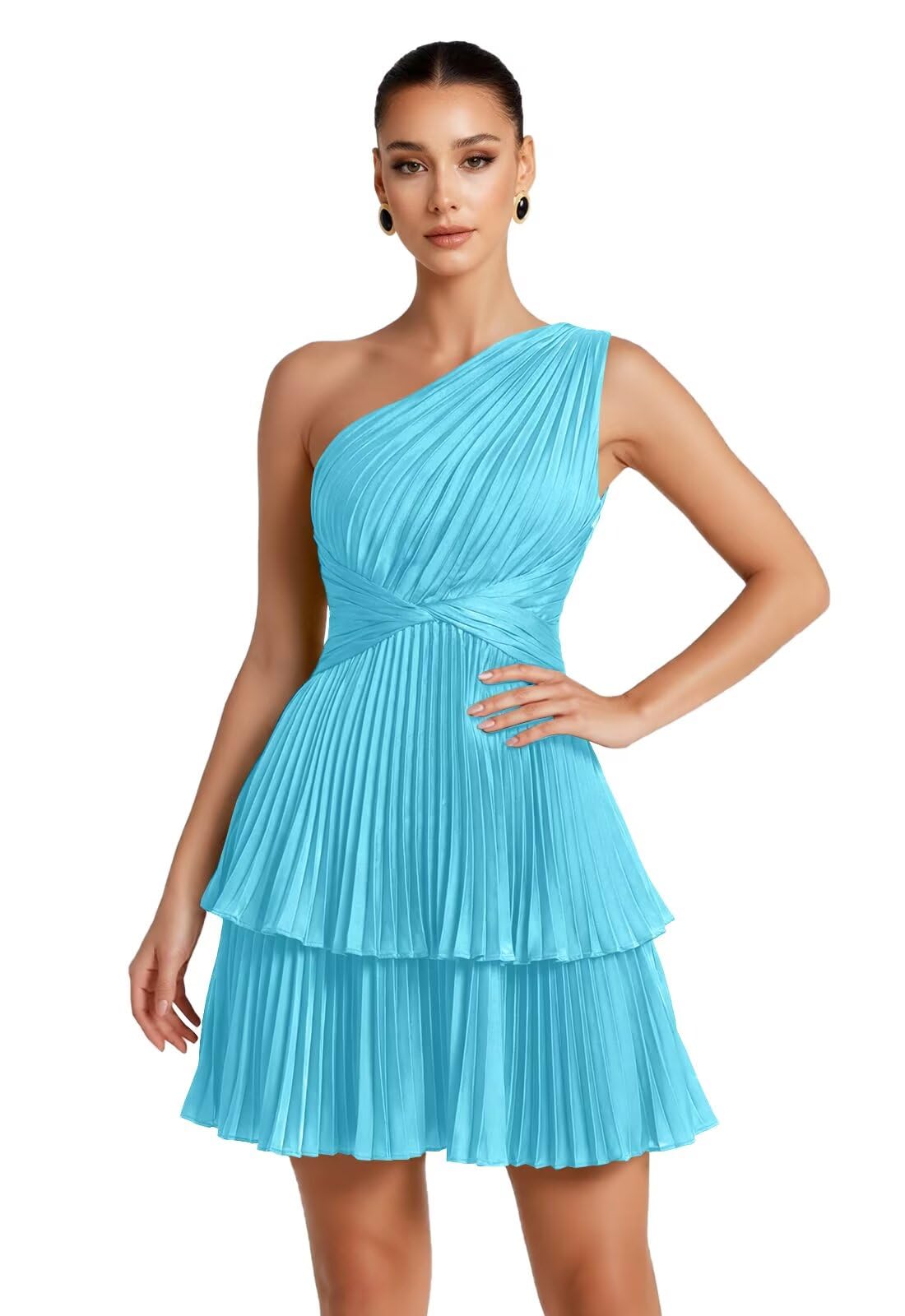One Shoulder Satin Homecoming Dresses for Teens 2026 Short A-line Prom Dress Pleated Tiered Cocktail Party Gowns