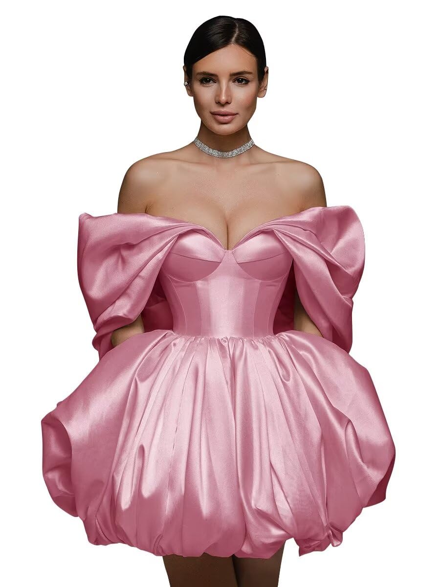 Off The Shoulder Short Wedding Dresses for Bride Puffy Satin Bridal Dresses w/Pockets Strapless Formal Ball Gowns