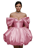 Off The Shoulder Short Wedding Dresses for Bride Puffy Satin Bridal Dresses w/Pockets Strapless Formal Ball Gowns