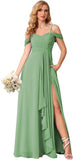 Damen Schulterfreies Brautjungfernkleid Lang mit Schlitz Chiffon Rüschen Falten Formales Partykleid 