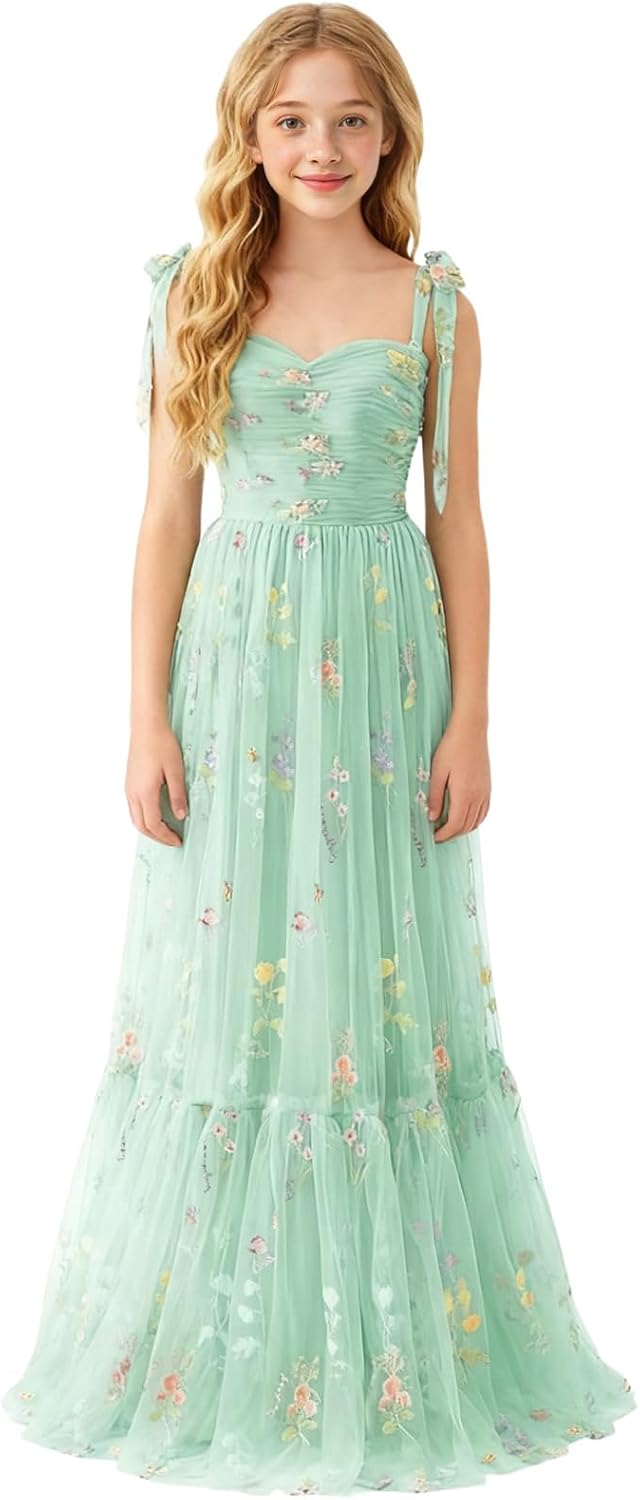Floral Embroidered Tulle Flower Girl Dress Sweetheart Junior Bridesmaid Dresses Tiered Ruffled Formal Party Prom Gown