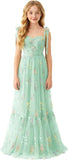 Floral Embroidered Tulle Flower Girl Dress Sweetheart Junior Bridesmaid Dresses Tiered Ruffled Formal Party Prom Gown
