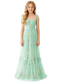 Floral Embroidered Tulle Flower Girl Dress Sweetheart Junior Bridesmaid Dresses Tiered Ruffled Formal Party Prom Gown