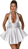 Satin Halter Homecoming Dresses for Teens 2027 V Neck Jacquard A-line Short Prom Cocktail Gowns with Bow