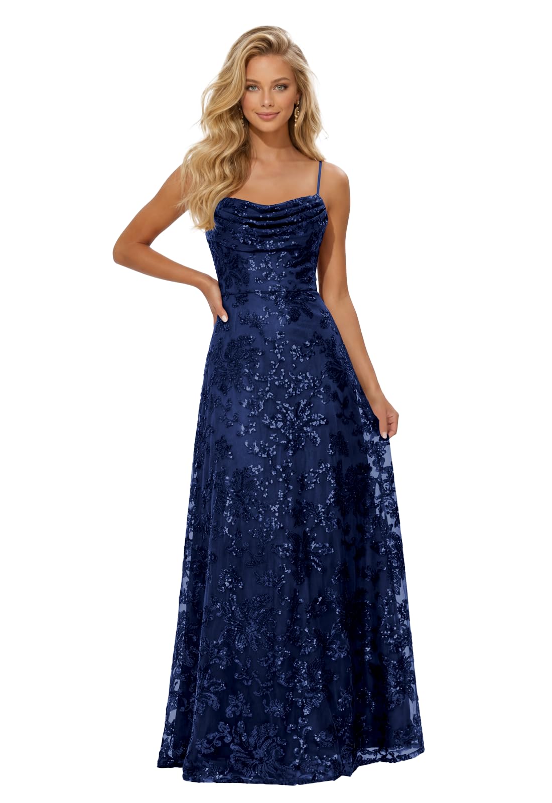 Lace Sequin Prom Dresses Spaghetti Straps A-Line Cowl Neck Pleated Sparkly Long Formal Evening Party Gowns