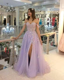 Off The Shoulder Tulle Prom Dress with Laces Applique A-line Slit Long Ball Gowns Glitter Formal Evening Dress